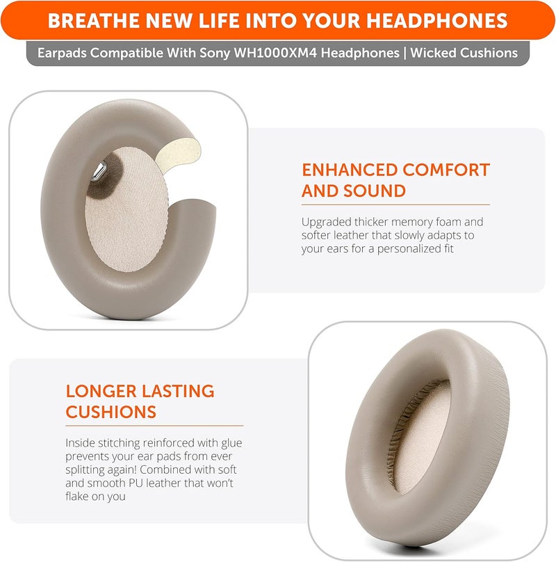 WC Wicked Cushions Extra Thick Earpads for Sony WH1000XM4 Headphones - Soft PU Leather Cushions, Luxurious Noise Isolating Memory Foam, Added Thickness Without Disabling On/Off Sensor | Beige - Image 4
